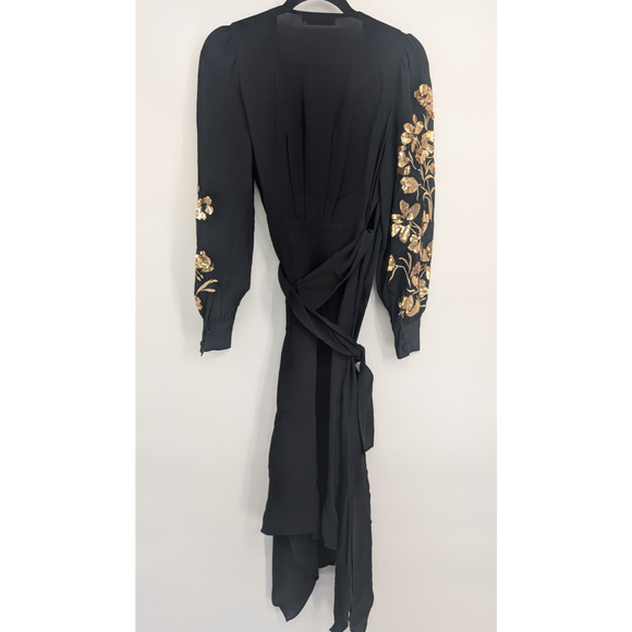 Defect Tory Burch EMBROIDERED WRAP Midi DRESS Sz 2 Golden Sequins Black #2A458 - Picture 5 of 15